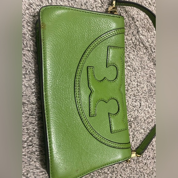 Tory Burch Pebbled Leather Retro Lime Green Logo Crossbody Foldover Purse Bag - Picture 5 of 8